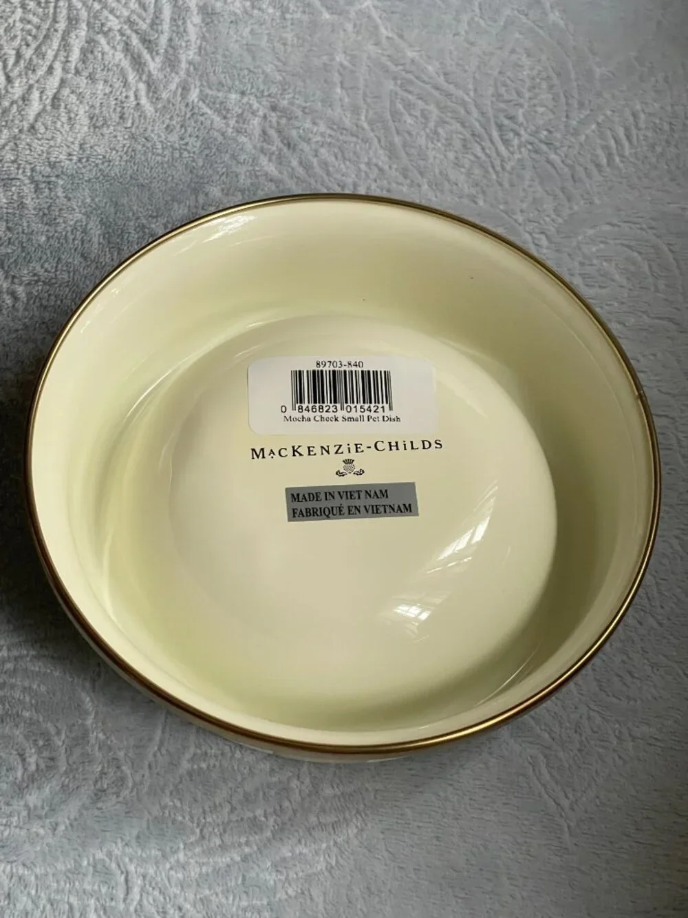 MacKenzie-Childs Mocha Check Small Pet Dish – Enamel Dog Cat Bowl-NWT